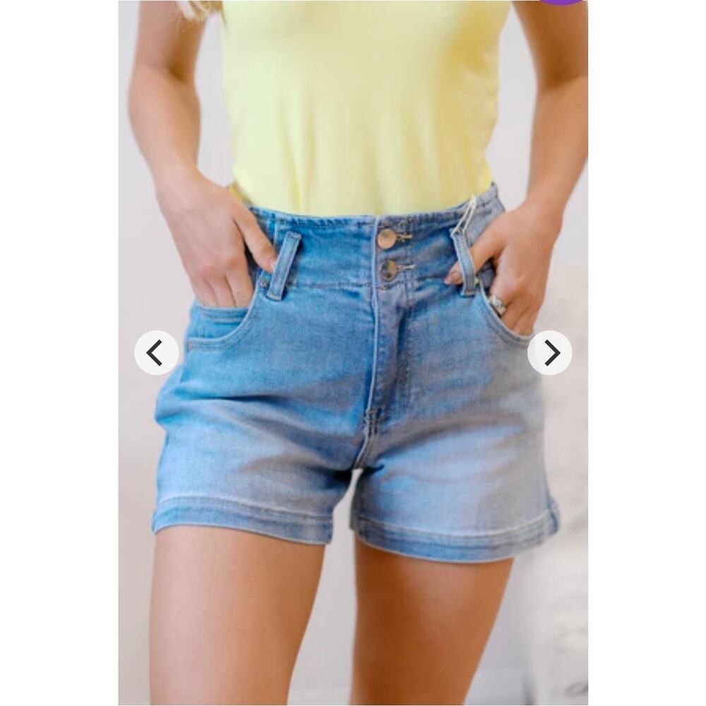 Risen High Waist Double Button Salt + Sand Denim Shorts Small - Picture 8 of 8
